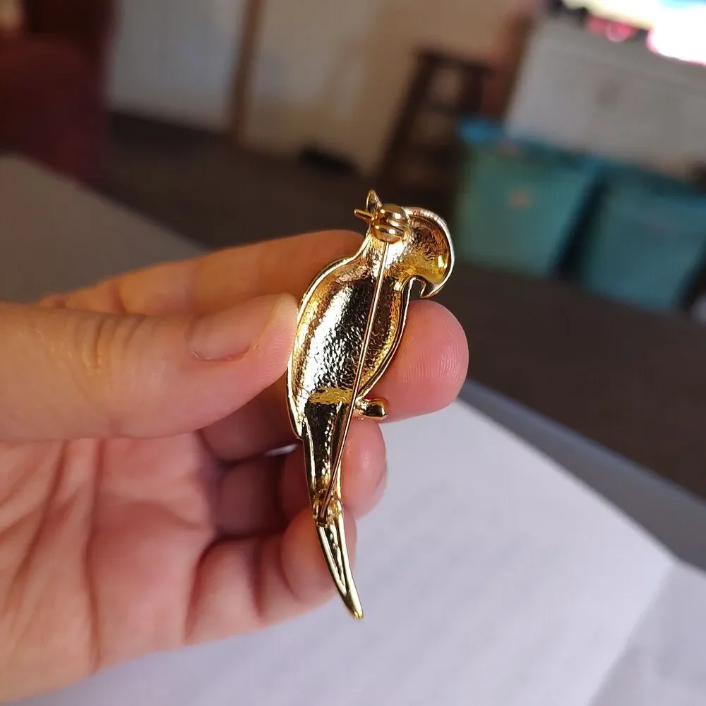 VTG Style Gold Tone Metal Blue Green Enamel Rhinestone Parrot Bird Brooch Pin